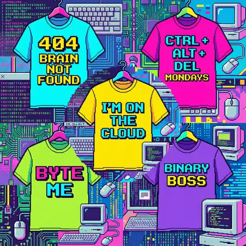 Vibrant Computer-Themed T-Shirts in Pixel Art Style