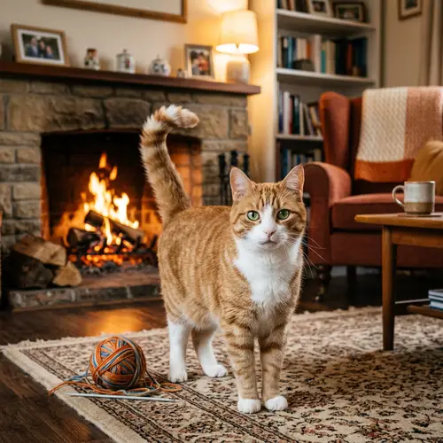 Ginger and White Domestic Shorthair Cat | Cozy Living Room Scene