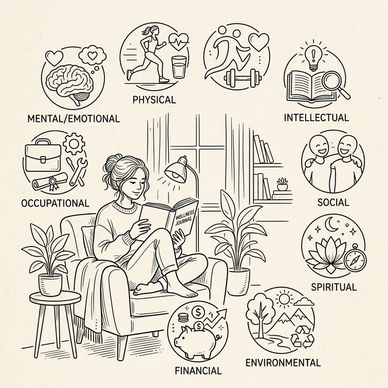 Line Art: Woman Reading & Wellness Icons