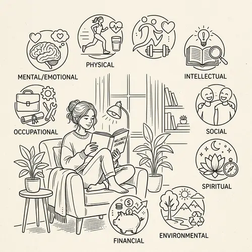 Line Art: Woman Reading & Wellness Icons