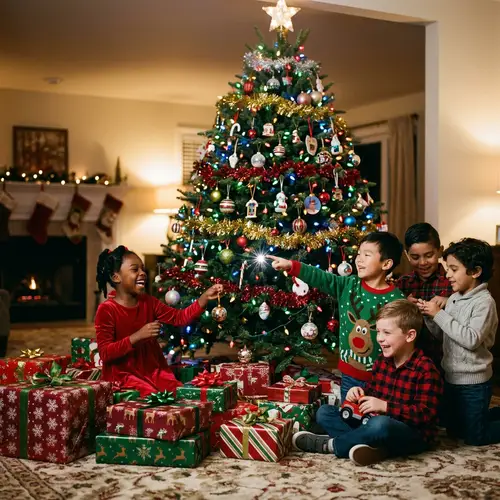 Joyful Christmas Tree Celebration with Children of All Races