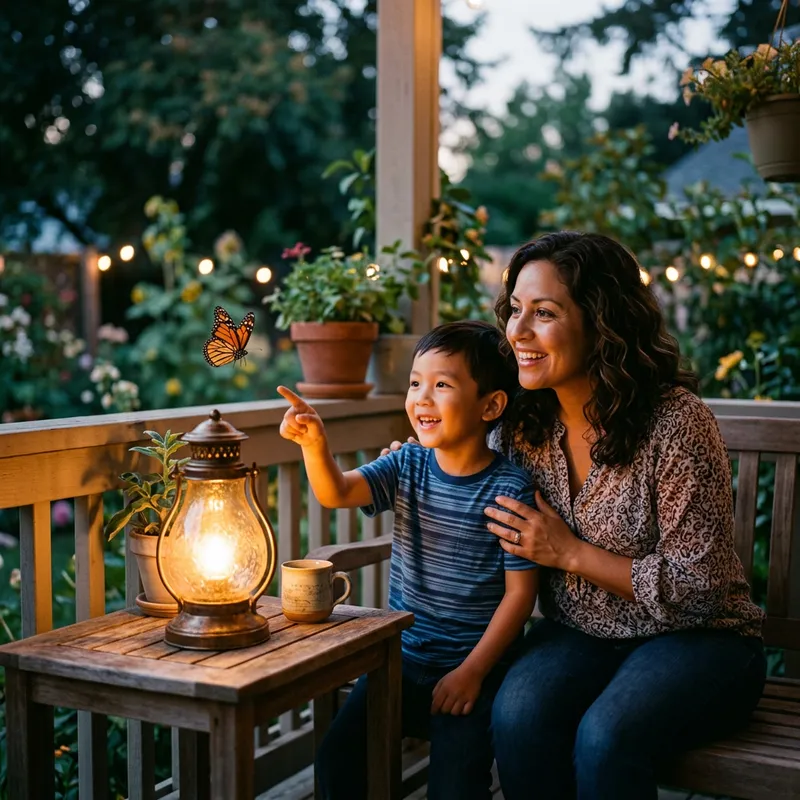 Beautiful Butterfly Flying to Lamp, while Mother and Son Watch