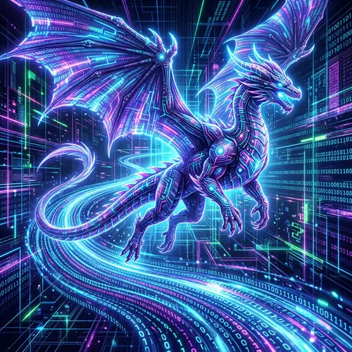 Digital Dragon Soring Through Neon-Lit Cyberspace