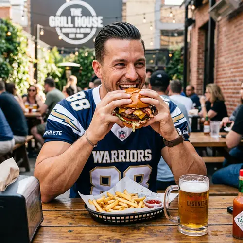 Athletic Man Enjoying Juicy Burger | Burger Lover's Delight