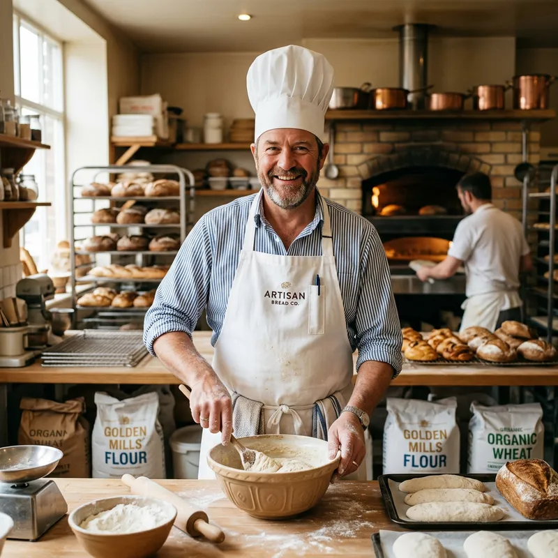 Baker Man in White Apron and Hat