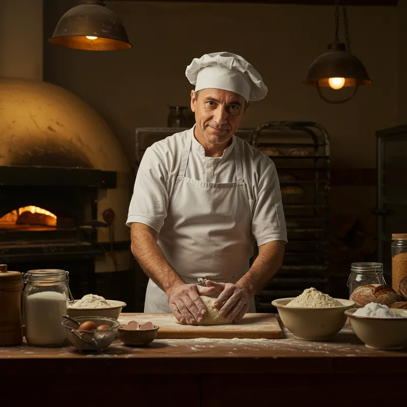 Baker Man in White Apron and Hat
