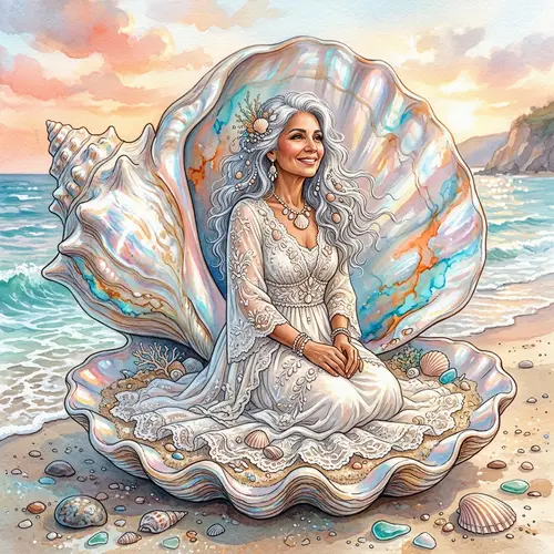 Elegant Sea Shell Art with Silver-Haired Beauty