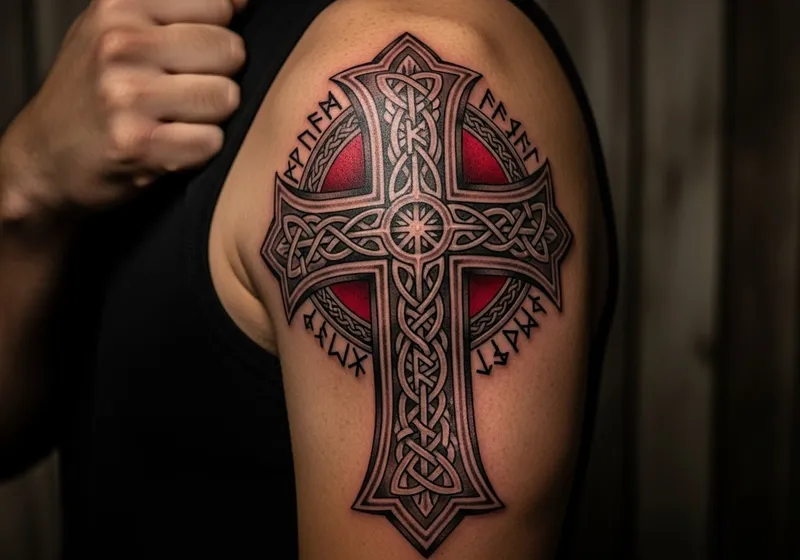 Viking Style Christian Upper Arm Tattoo Ideas
