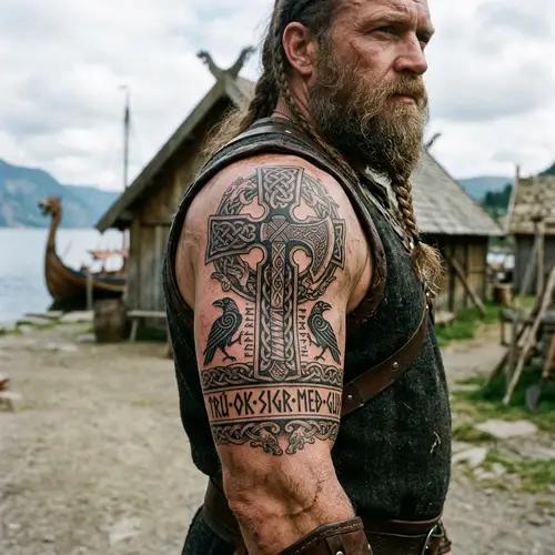 Viking Style Christian Upper Arm Tattoo Ideas
