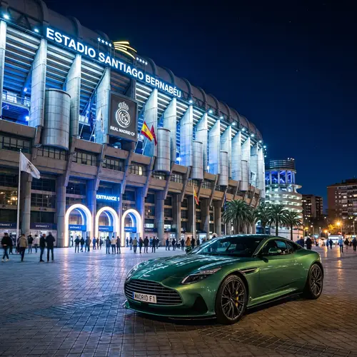 Night View Santiago Bernabeu Stadium Wallpaper with Luxury Sports Car