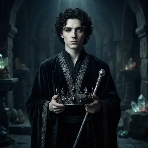 Son of Hades: Mythological Figure with Ebony Robe and Silver Scepter
