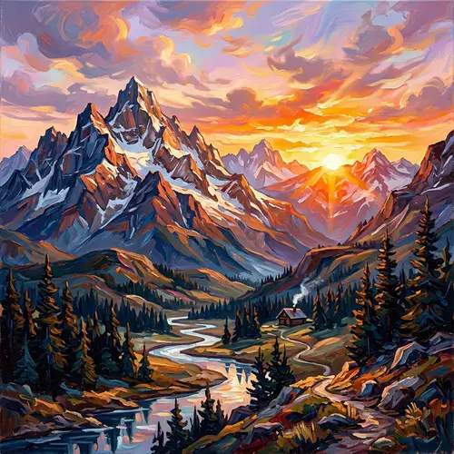 Stylized Mountain Range Painting at Sunrise