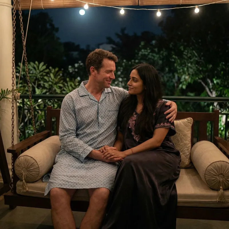 Serene Night Scene with Couple in Exquisite Nightdresses