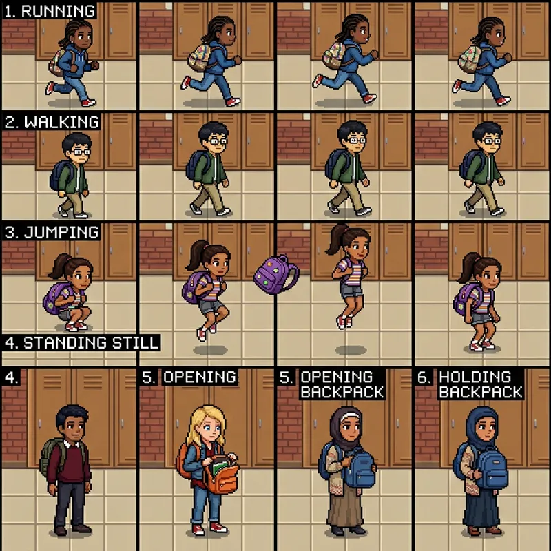 Diverse Pixel Student Sprite Sheet Collection