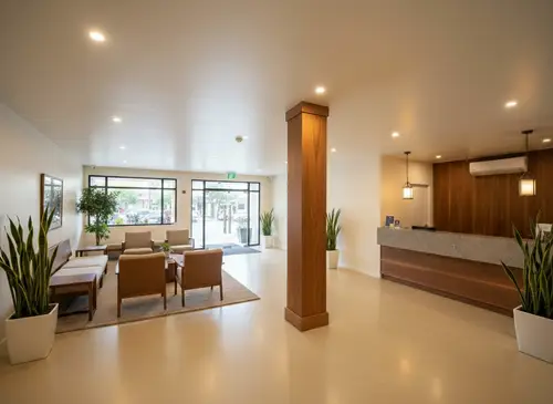 Modern Lobby Design with Wood-Wrapped Column