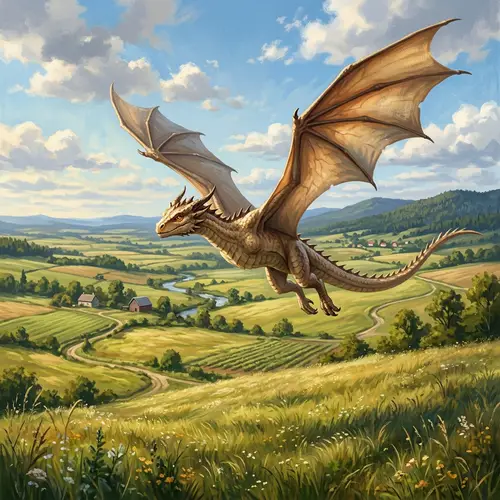Young Beige Dragon Flying Over Field
