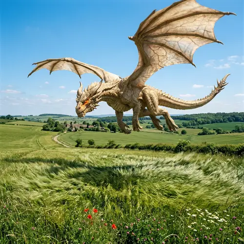 Majestic Beige Dragon Soaring over Lush Green Field