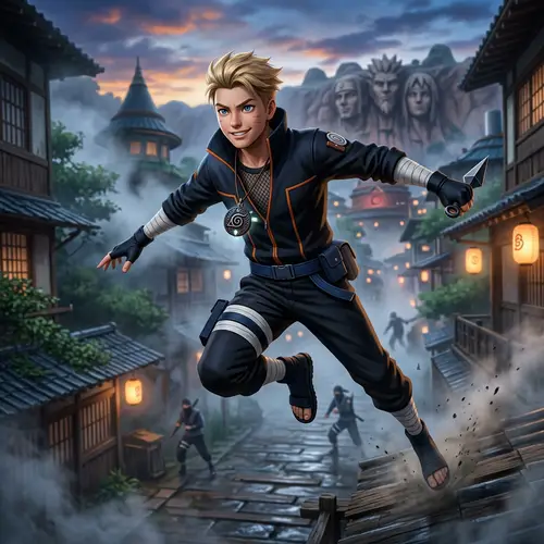 Stylish Ninja Character in Naruto-Style Village
