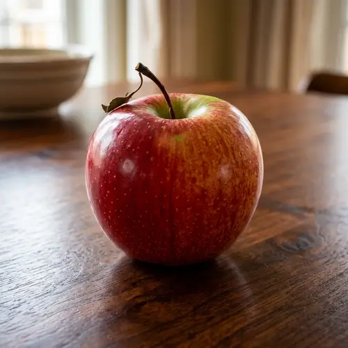 Realistic 3D Rendering of Ripe Red Apple on Hardwood Table