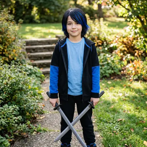 Cute Short Boy with Black Hair and Blue Streak | Cool Swords