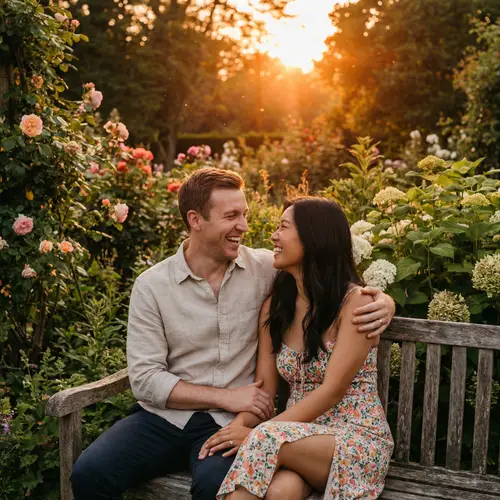 Intimate Sunset Garden Scene with Loving Couple