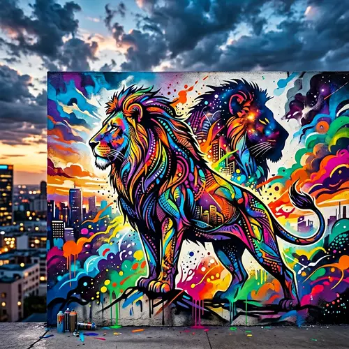 Lion Silhouette Graffiti Art in Colorful Sky | High-Contrast Street Art