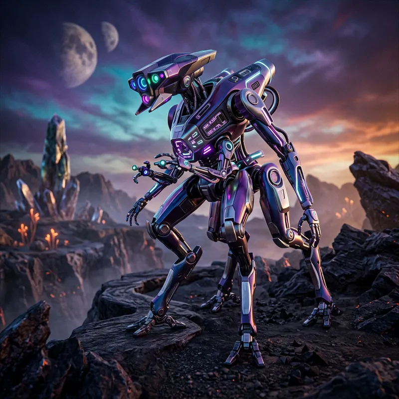 Futuristic Alien Robot in Neon: Hi-Tech Extraterrestrial Design