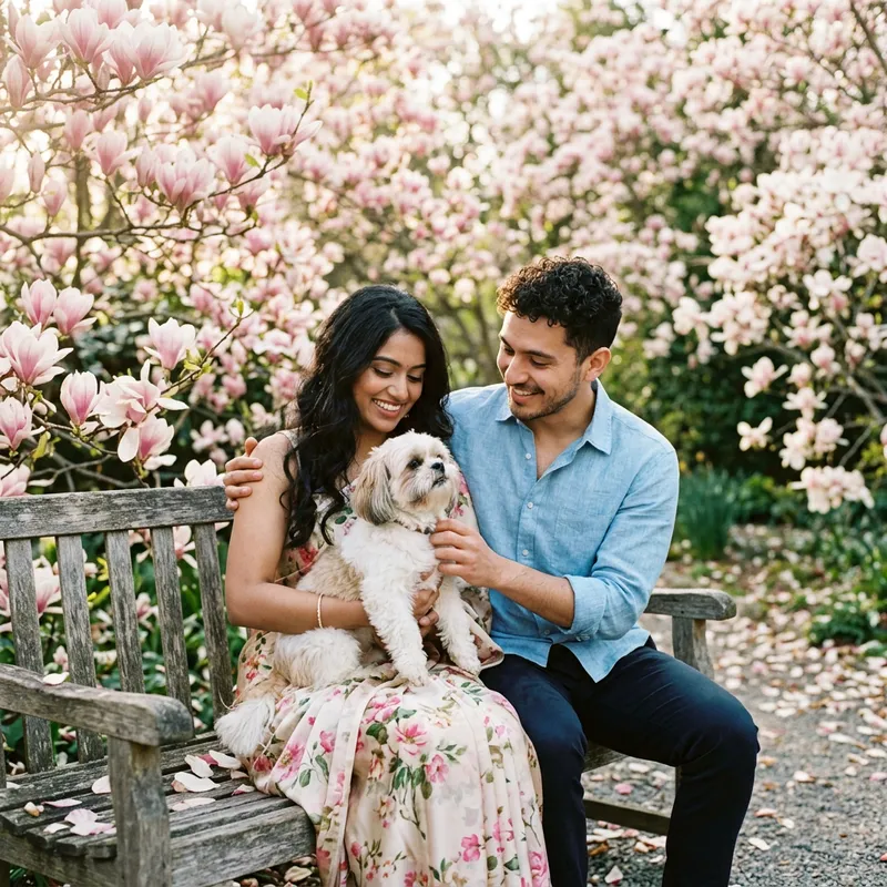 Beautiful Couple with Dog in Magnolia Blossoms Beautiful Couple with Dog in Magnolia Blossoms