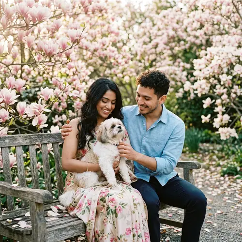 Tender Moment in Magnolia Garden: South Asian Woman, Hispanic Man, and Dog
