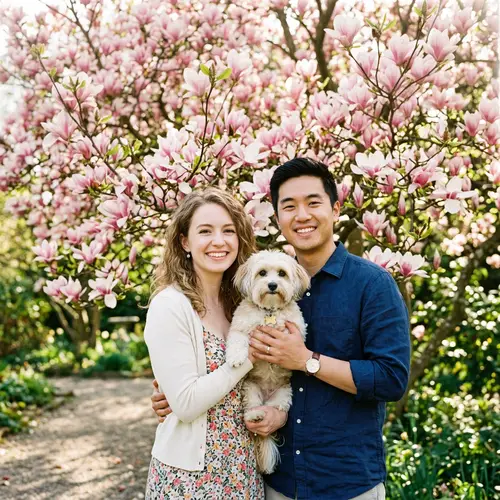 Beautiful Caucasian and Asian Couple with Small Dog under Magnolia Tree