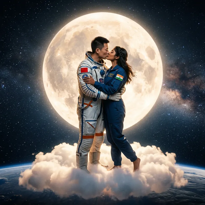 Romantic Astronaut Kiss on Moonlit Cloud