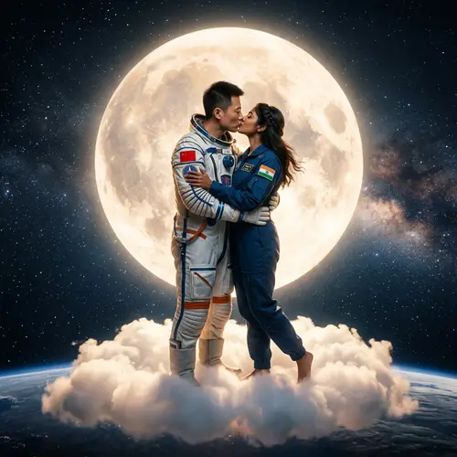 Romantic Astronaut Kiss on Cloud with Moon Backdrop