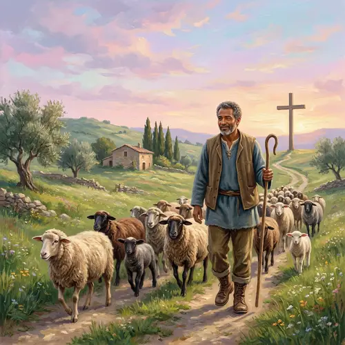 Diverse Shepherd Guiding Sheep to Cross in Serene Landscape