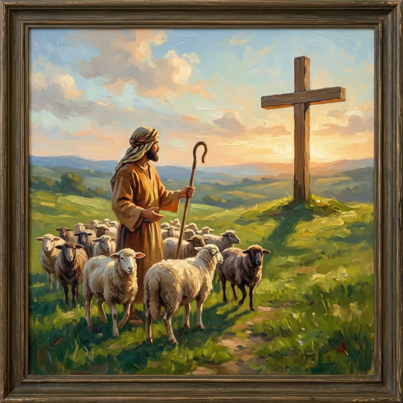 Shepherd Leading Sheep to Cross in Green Pastures