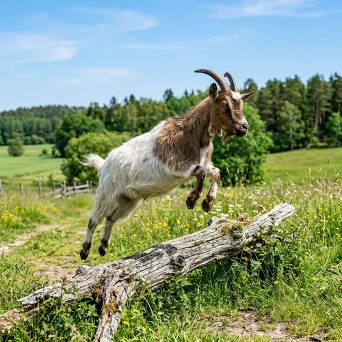 Graceful Goat Leaping Over Weathered Log
