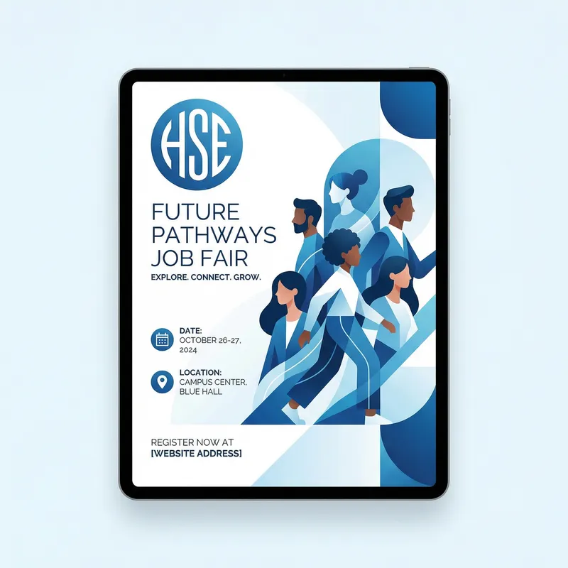 Professional Job Fair Flyer Design with HSE Logo and Diverse Students Professional Job Fair Flyer Design with HSE Logo and Diverse Students
