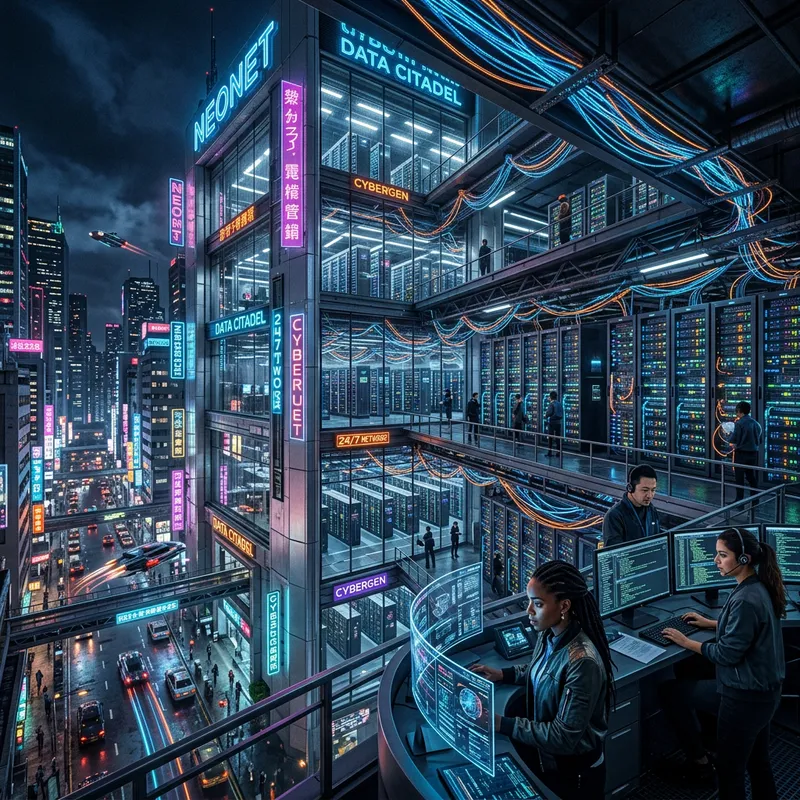 Futuristic Data Center in Cyberpunk Setting Futuristic Data Center in Cyberpunk Setting