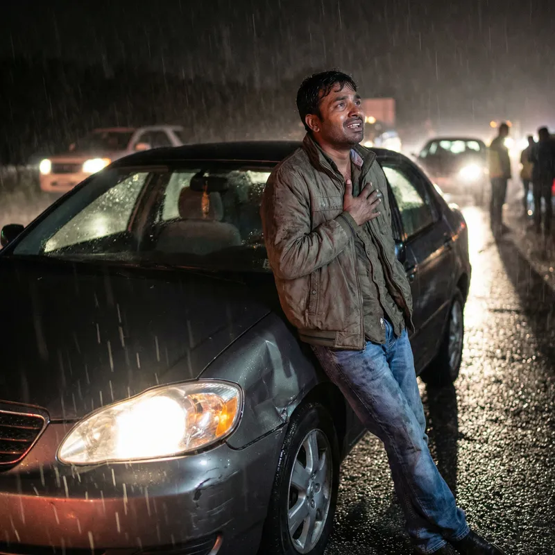 Man in Nighttime Traffic Accident: Urgency & Tension | South Asian Man Near Car Man in Nighttime Traffic Accident: Urgency & Tension | South Asian Man Near Car