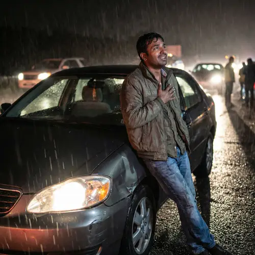 Man in Nighttime Traffic Accident: Urgency & Tension