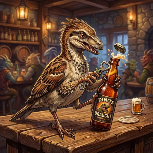 Fantastical Dinosaur Sparrow Hybrid Beer Opener Illustration
