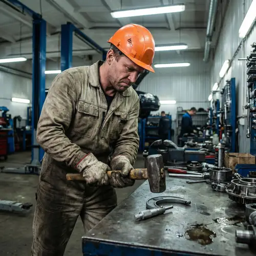 Male Mechanic with Sledgehammer in Automotive Garage