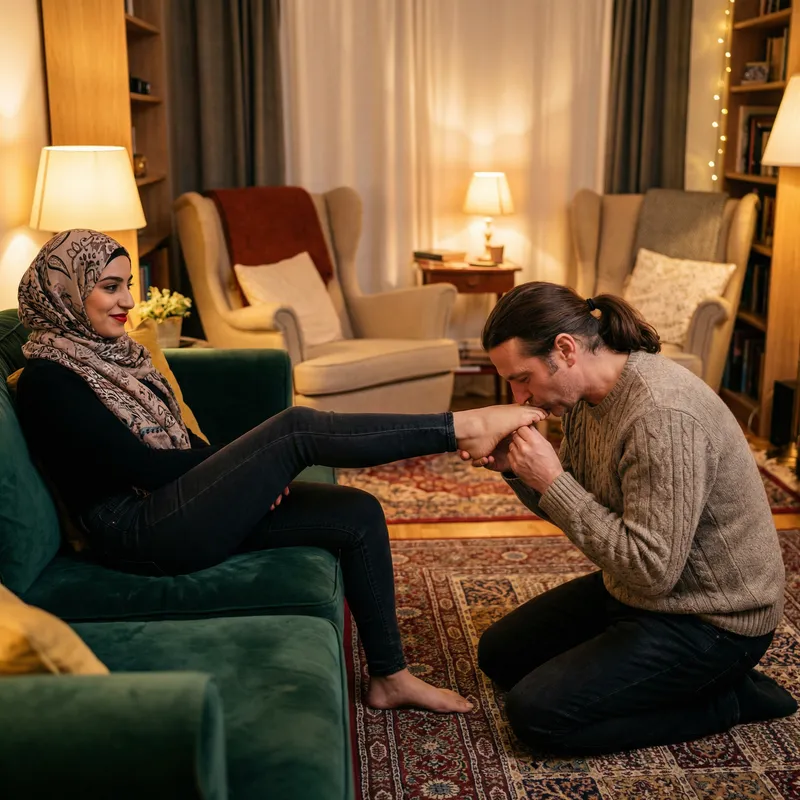 Intimate Dominance in a Cozy Living Room Scene