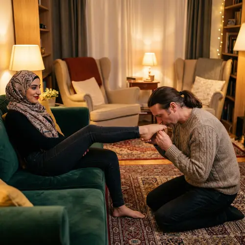 Intimate Dominance in a Cozy Living Room Scene