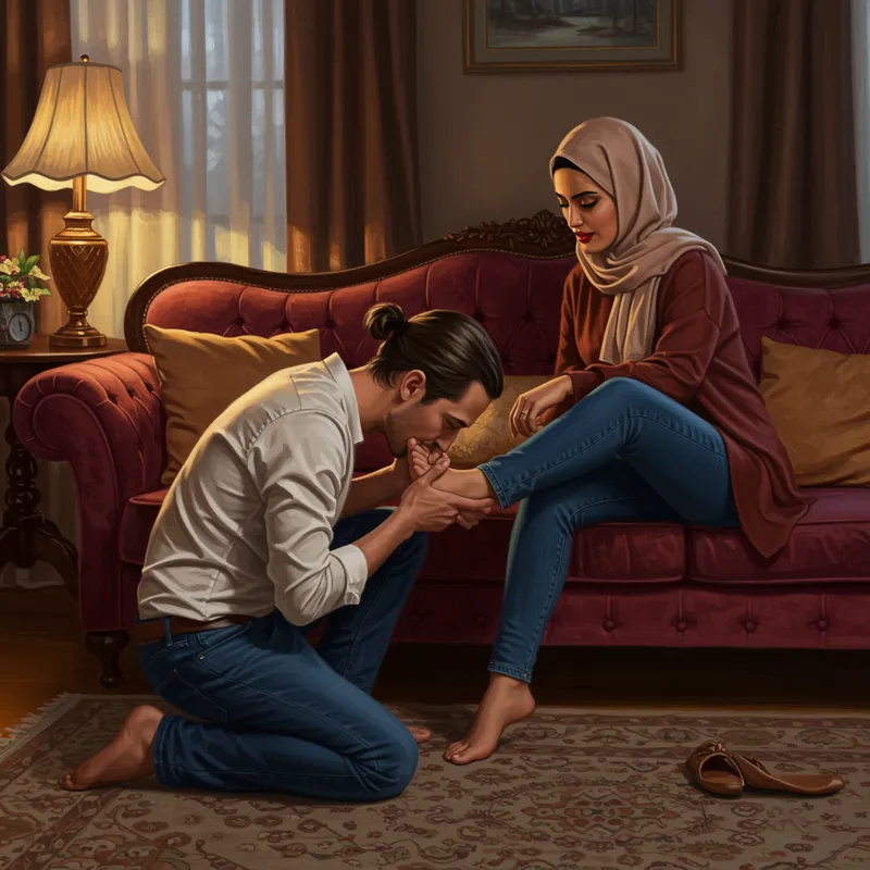 Intimate Dominance in a Cozy Living Room Scene