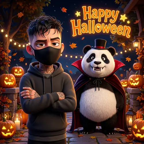 Ven and Halloween Panda - Pixar Style Illustration