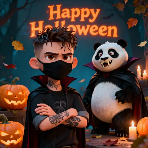 Ven and Halloween Panda - Pixar Style Illustration