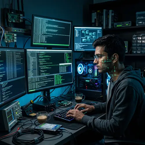 Intense South Asian Male Hacker Programming in Dark Room with High-Tech Equipment