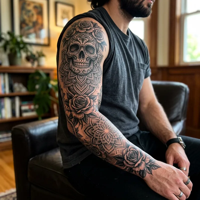 Intricate Arm Sleeve Tattoo: Skull and Roses Design