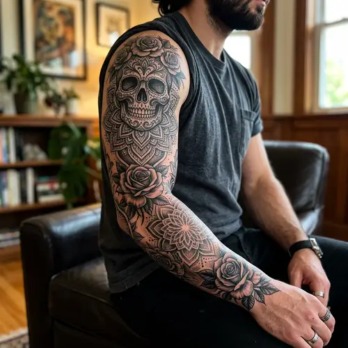 Intricate Arm Sleeve Tattoo: Skull and Roses Design