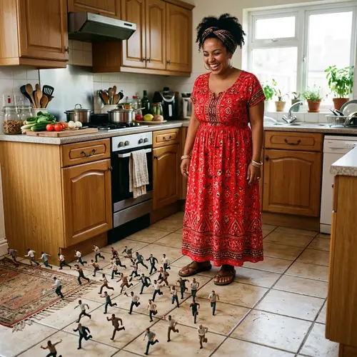 Smiling Fat Black Arabic Woman in Red Dress Watching Tiny Men Flee